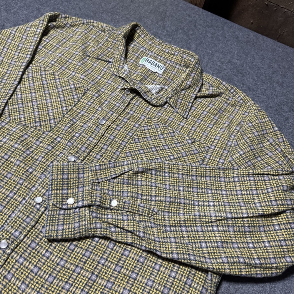 Vintage Haband‎ Men's Pearl Snap Soft Flannel Shirt Longsleeve XL Yellow Western